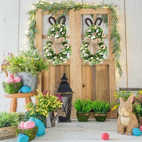 24 Inch Easter Bunny Wreath Spring Bunny Shaped Artificial Flower with Greenery Colorful Daisies Bow Knot for, alternate view