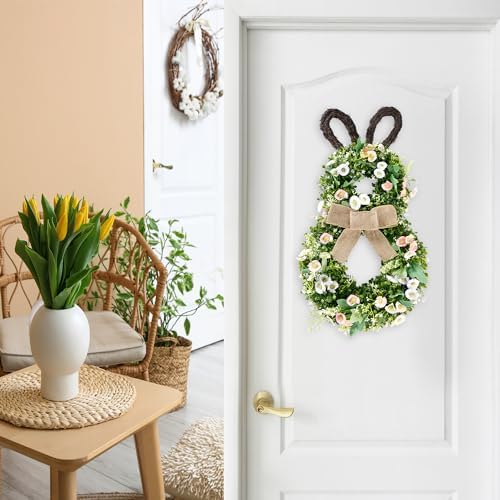 24 Inch Easter Bunny Wreath Spring Bunny Shaped Artificial Flower with Greenery Colorful Daisies Bow Knot for, alternate view