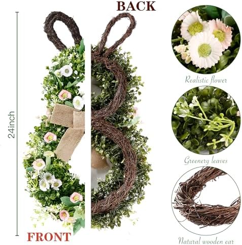 24 Inch Easter Bunny Wreath Spring Bunny Shaped Artificial Flower with Greenery Colorful Daisies Bow Knot for, alternate view