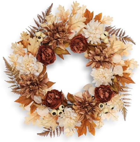24 Inch Fall Brown Wreaths for Front Door Outside Autumn Wreath with Artificial Dahlia, Chrysanthemum, Rose