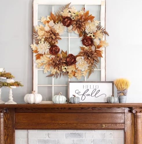 24 Inch Fall Brown Wreaths for Front Door Outside Autumn Wreath with Artificial Dahlia, Chrysanthemum, Rose, alternate view 2