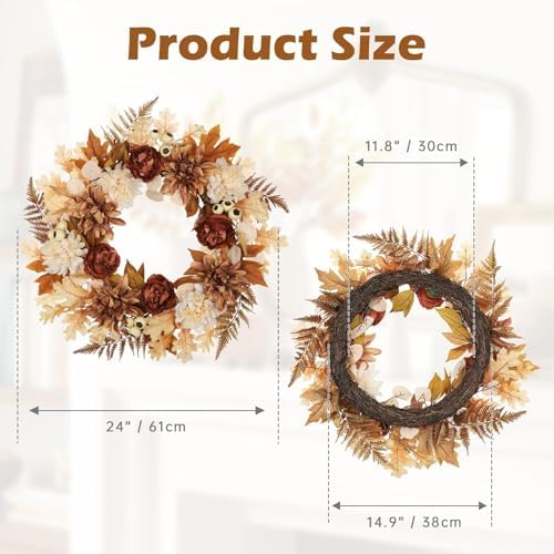24 Inch Fall Brown Wreaths for Front Door Outside Autumn Wreath with Artificial Dahlia, Chrysanthemum, Rose, alternate view 3
