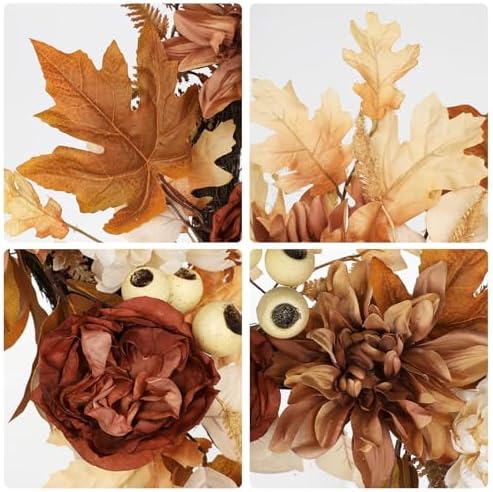 24 Inch Fall Brown Wreaths for Front Door Outside Autumn Wreath with Artificial Dahlia, Chrysanthemum, Rose, alternate view 4