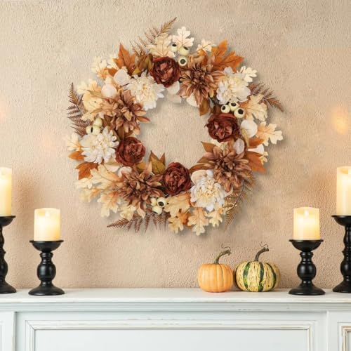 24 Inch Fall Brown Wreaths for Front Door Outside Autumn Wreath with Artificial Dahlia, Chrysanthemum, Rose, alternate view 5