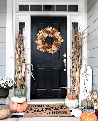 24 Inch Fall Brown Wreaths for Front Door Outside Autumn Wreath with Artificial Dahlia, Chrysanthemum, Rose, alternate view 6