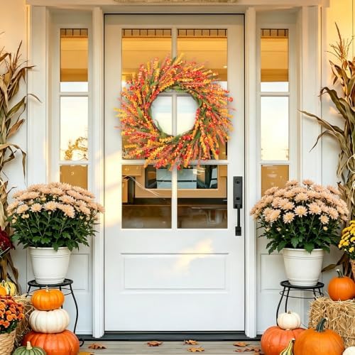 24 Inch Fall Forsythia Wreath, Autumn Harvest Wreath with Wheat Picks, Orange Berries & Soft‐Touch Foam Leaves, alternate
