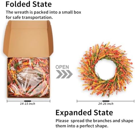 24 Inch Fall Forsythia Wreath, Autumn Harvest Wreath with Wheat Picks, Orange Berries & Soft‐Touch Foam Leaves, alternate