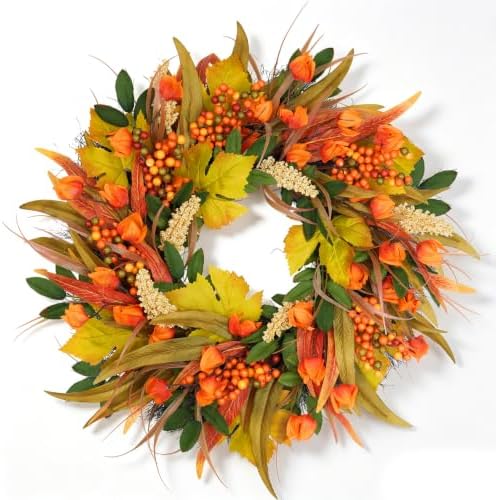 24 Inch Fall Harvest Wreath for Front Door with Lantern Flowers