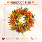 24 Inch Fall Harvest Wreath for Front Door with Lantern Flowers, alternate view 2
