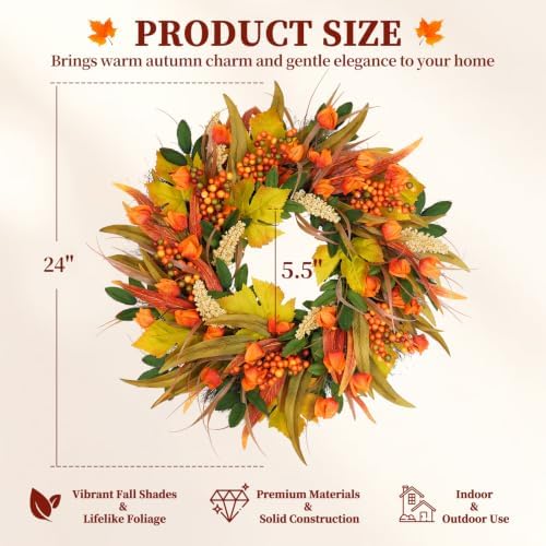 24 Inch Fall Harvest Wreath for Front Door with Lantern Flowers, alternate view 2