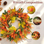 24 Inch Fall Harvest Wreath for Front Door with Lantern Flowers, alternate view 3