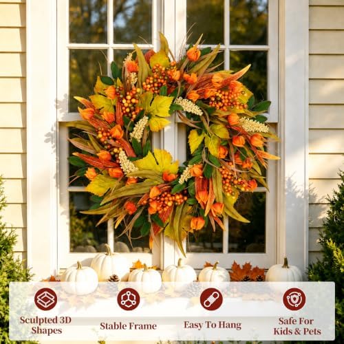 24 Inch Fall Harvest Wreath for Front Door with Lantern Flowers, alternate view 5