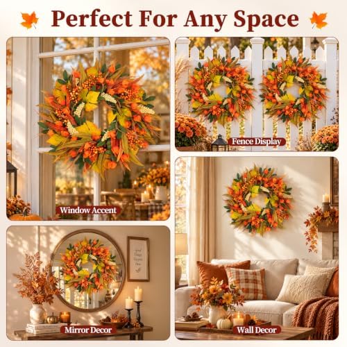 24 Inch Fall Harvest Wreath for Front Door with Lantern Flowers, alternate view 7