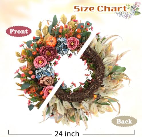 24 Inch Fall Pumpkin Wreath Hydrangea Rose Berries for Front Door in Multicolored, alternate view 2