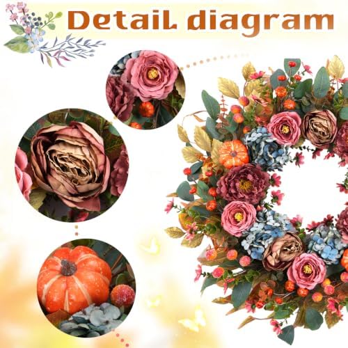 24 Inch Fall Pumpkin Wreath Hydrangea Rose Berries for Front Door in Multicolored, alternate view 3