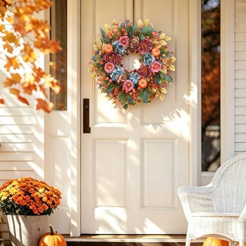 24 Inch Fall Pumpkin Wreath Hydrangea Rose Berries for Front Door in Multicolored, alternate view 4