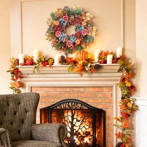 24 Inch Fall Pumpkin Wreath Hydrangea Rose Berries for Front Door in Multicolored, alternate view 5