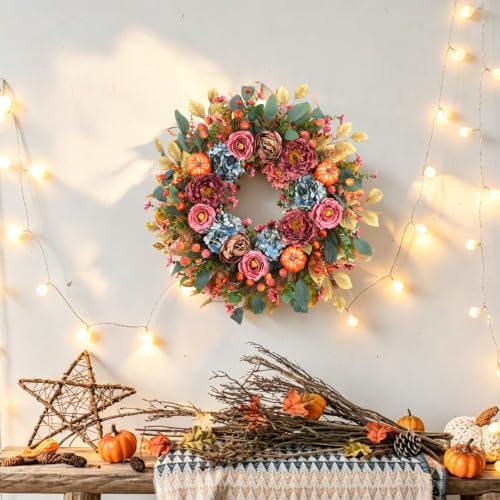 24 Inch Fall Pumpkin Wreath Hydrangea Rose Berries for Front Door in Multicolored, alternate view 7