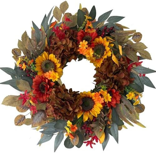 24 Inch Fall Sunflower Hydrangea Wreath Autumn Front Door Wreath