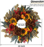 24 Inch Fall Sunflower Hydrangea Wreath Autumn Front Door Wreath, alternate view 3