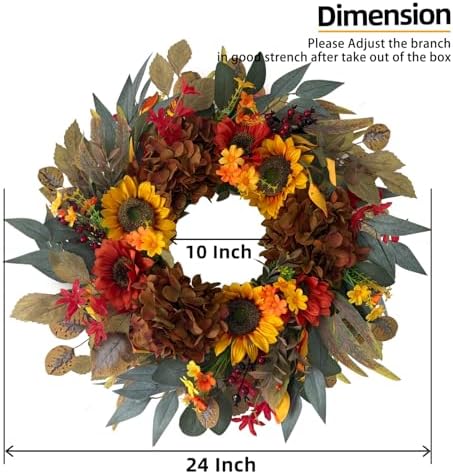 24 Inch Fall Sunflower Hydrangea Wreath Autumn Front Door Wreath, alternate view 3