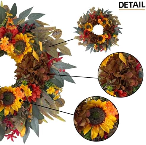 24 Inch Fall Sunflower Hydrangea Wreath Autumn Front Door Wreath, alternate view 4
