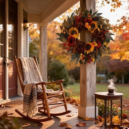 24 Inch Fall Sunflower Hydrangea Wreath Autumn Front Door Wreath, alternate view 6