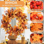 24 Inch Fall Wreath for Front Door, Berry Maple Leaf Autumn Wreaths Decor, alternate view 2