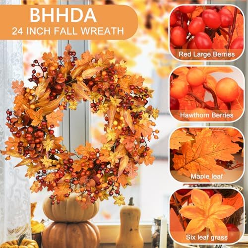 24 Inch Fall Wreath for Front Door, Berry Maple Leaf Autumn Wreaths Decor, alternate view 2