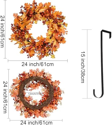 24 Inch Fall Wreath for Front Door, Berry Maple Leaf Autumn Wreaths Decor, alternate view 3