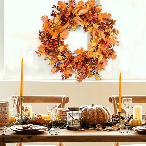 24 Inch Fall Wreath for Front Door, Berry Maple Leaf Autumn Wreaths Decor, alternate view 4