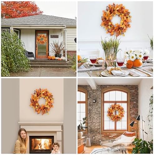 24 Inch Fall Wreath for Front Door, Berry Maple Leaf Autumn Wreaths Decor, alternate view 6