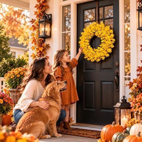 24 Inch Fall Wreath for Front Door Full Yellow Forsythia Wreath, alternate view 2