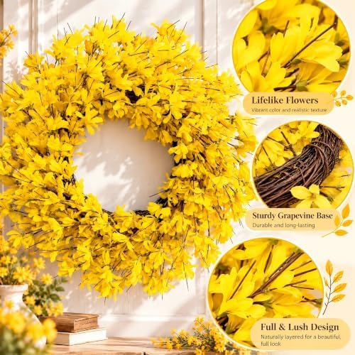 24 Inch Fall Wreath for Front Door Full Yellow Forsythia Wreath, alternate view 3