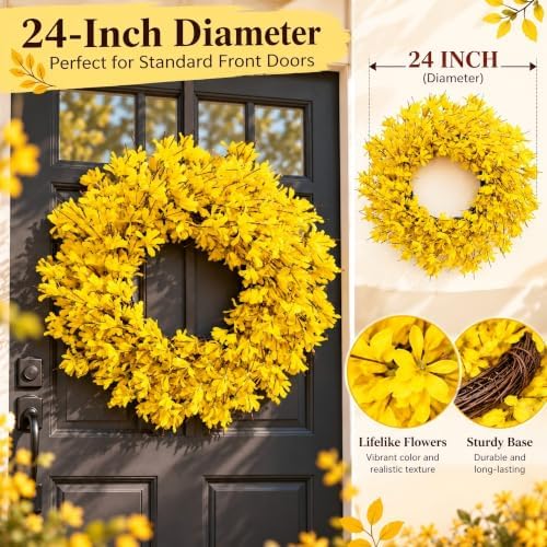 24 Inch Fall Wreath for Front Door Full Yellow Forsythia Wreath, alternate view 4