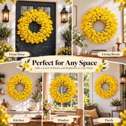 24 Inch Fall Wreath for Front Door Full Yellow Forsythia Wreath, alternate view 6