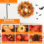 24 Inch Fall Wreath for Front Door, Pumpkin Berry Maple Leaf Autumn Decor, alternate view 2