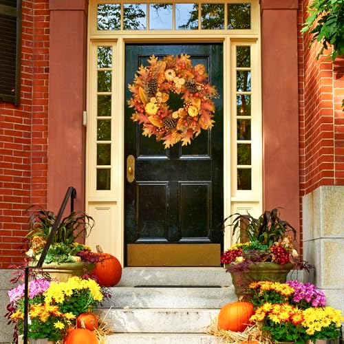 24 Inch Fall Wreath for Front Door, Pumpkin Berry Maple Leaf Autumn Decor, alternate view 5