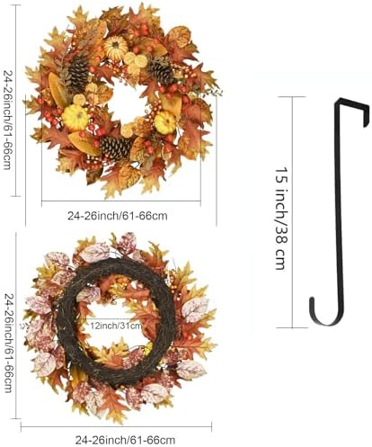 24 Inch Fall Wreath for Front Door, Pumpkin Berry Maple Leaf Autumn Decor, alternate view 6
