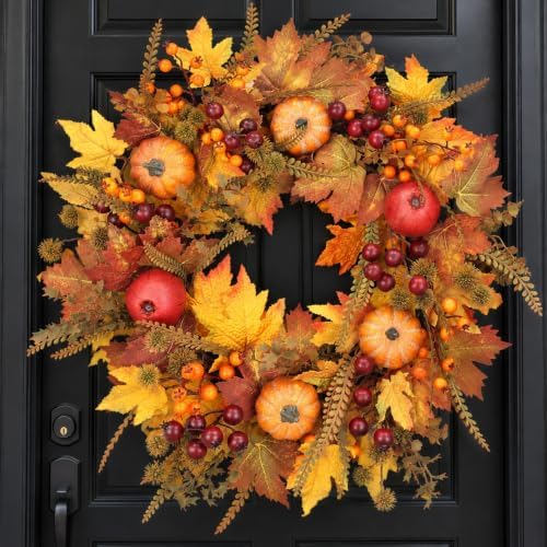 24 Inch Fall Wreath for Front Door, Pumpkin Thanksgiving Autumn Wreaths