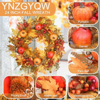 24 Inch Fall Wreath for Front Door, Pumpkin Thanksgiving Autumn Wreaths, alternate view 2