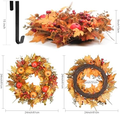 24 Inch Fall Wreath for Front Door, Pumpkin Thanksgiving Autumn Wreaths, alternate view 4