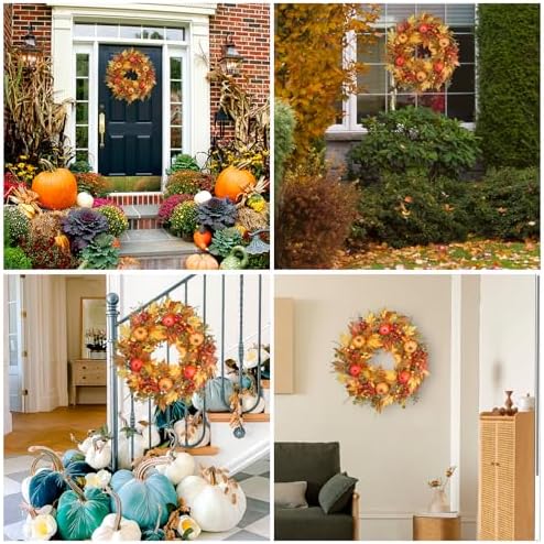 24 Inch Fall Wreath for Front Door, Pumpkin Thanksgiving Autumn Wreaths, alternate view 6