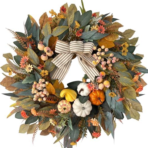 24 Inch Fall Wreath for Front Door, Pumpkin Wreath Farmhouse Decor