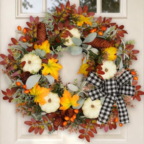 24 Inch Fall Wreath for Front Door with Artificial Pumpkin Bow in Bow