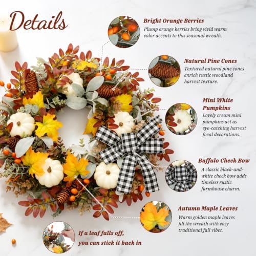 24 Inch Fall Wreath for Front Door with Artificial Pumpkin Bow in Bow, alternate view 2
