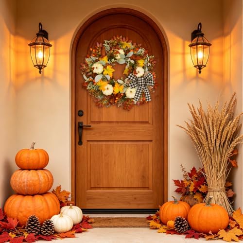 24 Inch Fall Wreath for Front Door with Artificial Pumpkin Bow in Bow, alternate view 3
