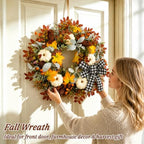 24 Inch Fall Wreath for Front Door with Artificial Pumpkin Bow in Bow, alternate view 4
