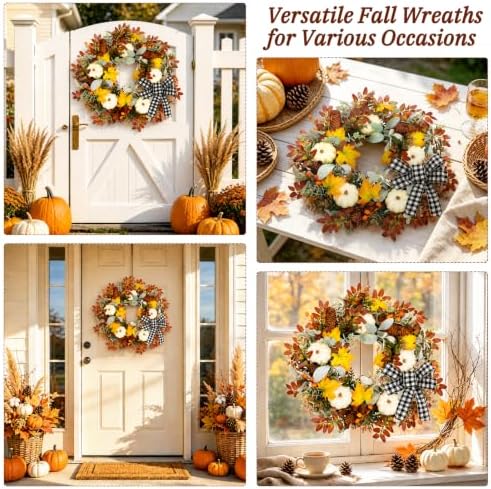 24 Inch Fall Wreath for Front Door with Artificial Pumpkin Bow in Bow, alternate view 5