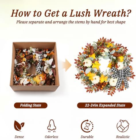 24 Inch Fall Wreath for Front Door with Artificial Pumpkin Bow in Bow, alternate view 6